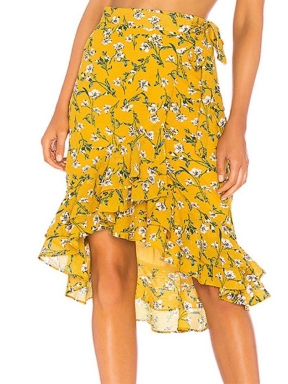 Tularosa Veronica Skirt Mustard Floral Wrap Mermaid Ruffle Hem Size Medium